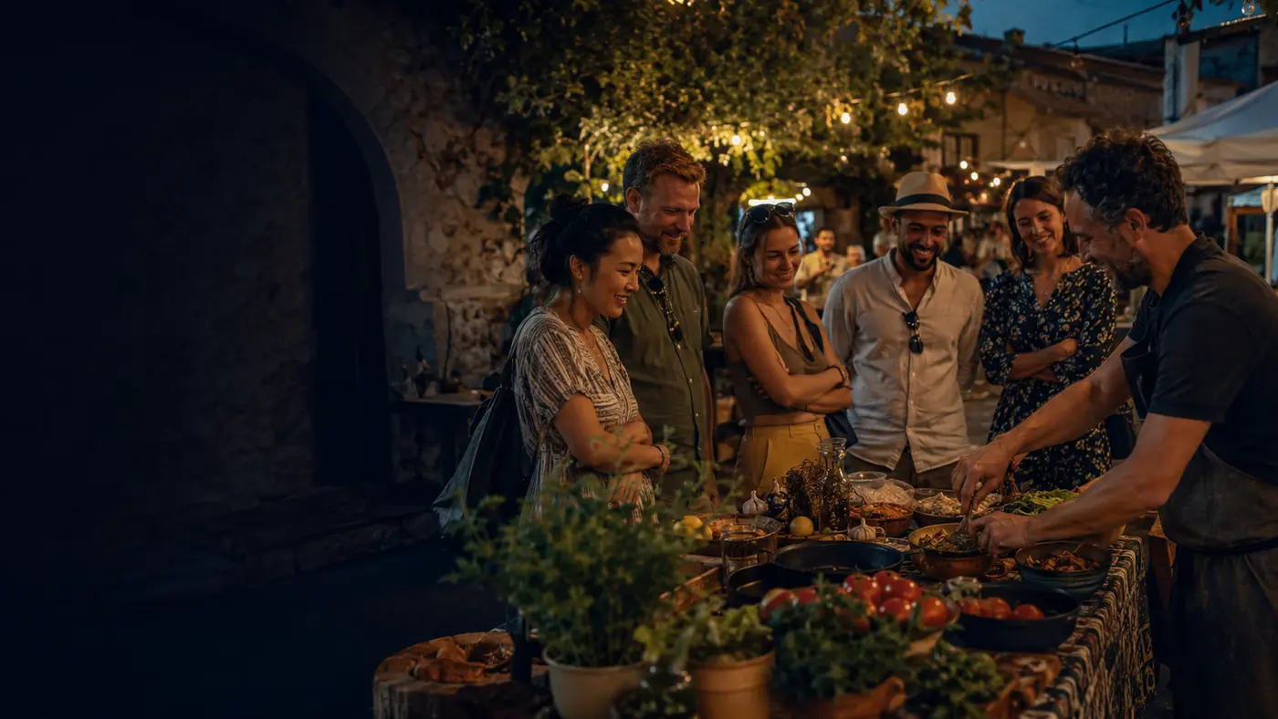 Pequeño grupo de viajeros participando en una experiencia culinaria local